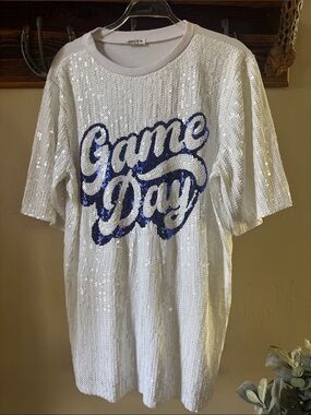 Sequin "Game Day" Graphic Dress White with Blue Script